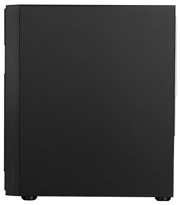 Ein schwarzes Computer-Tower-Gehäuse mit einem einfachen, cleanen Design, das eine schlichte matte Oberfläche auf dem Seitenpanel präsentiert.