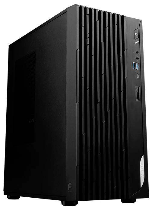 Ein schwarzer Desktop-Computerturm mit frontseitigen USB-Anschlüssen, Einschalttaste und Lüftungsschlitzen. Das Design ist modern mit einer eleganten Erscheinung.