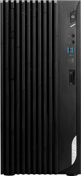 Ein schwarzer MSI-Desktop-Computer-Tower mit vertikaler Streifendesign und frontseitigen Anschlüssen, einschließlich USB- und Audioverbindungen.