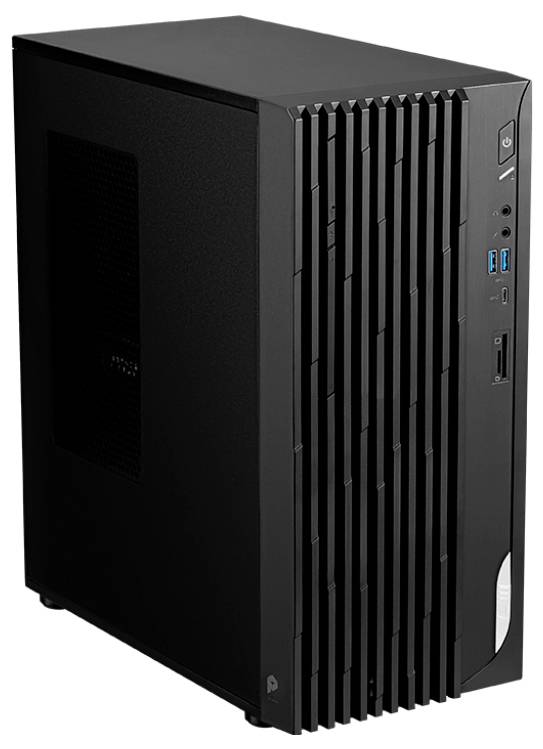 Ein schwarzer Computertower mit belüfteter Seitenwand und vorderen USB-Anschlüssen, für den Desktopbereich konzipiert.
