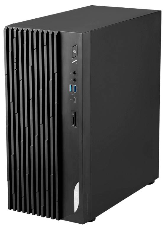 Ein schwarzer Computer-Tower mit einer strukturierten Frontplatte, mehreren USB-Anschlüssen, einem Einschaltknopf und Belüftungsschlitzen zur Kühlung.
