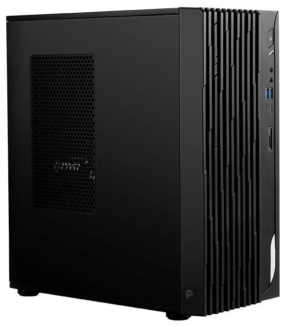 Ein schwarzes Desktop-Computergehäuse mit belüfteter Seitenwand und vorderen Anschlüssen, einschließlich USB- und Audioverbindungen. Kompaktes Design.