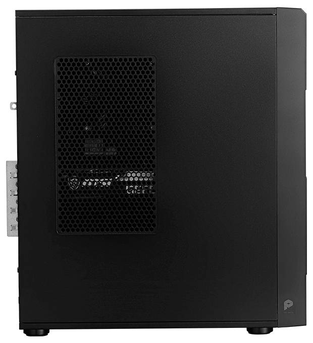 Ein schwarzer Desktop-Computertower mit einem Meshpanel an der Seite zur Belüftung.