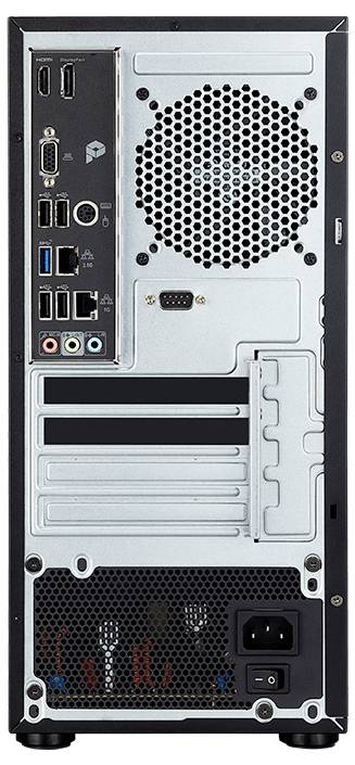 Das Bild zeigt die Rückansicht eines Desktop-Computergehäuses mit verschiedenen Anschlüssen, darunter USB, HDMI, Audioausgänge und einen Stromanschluss.