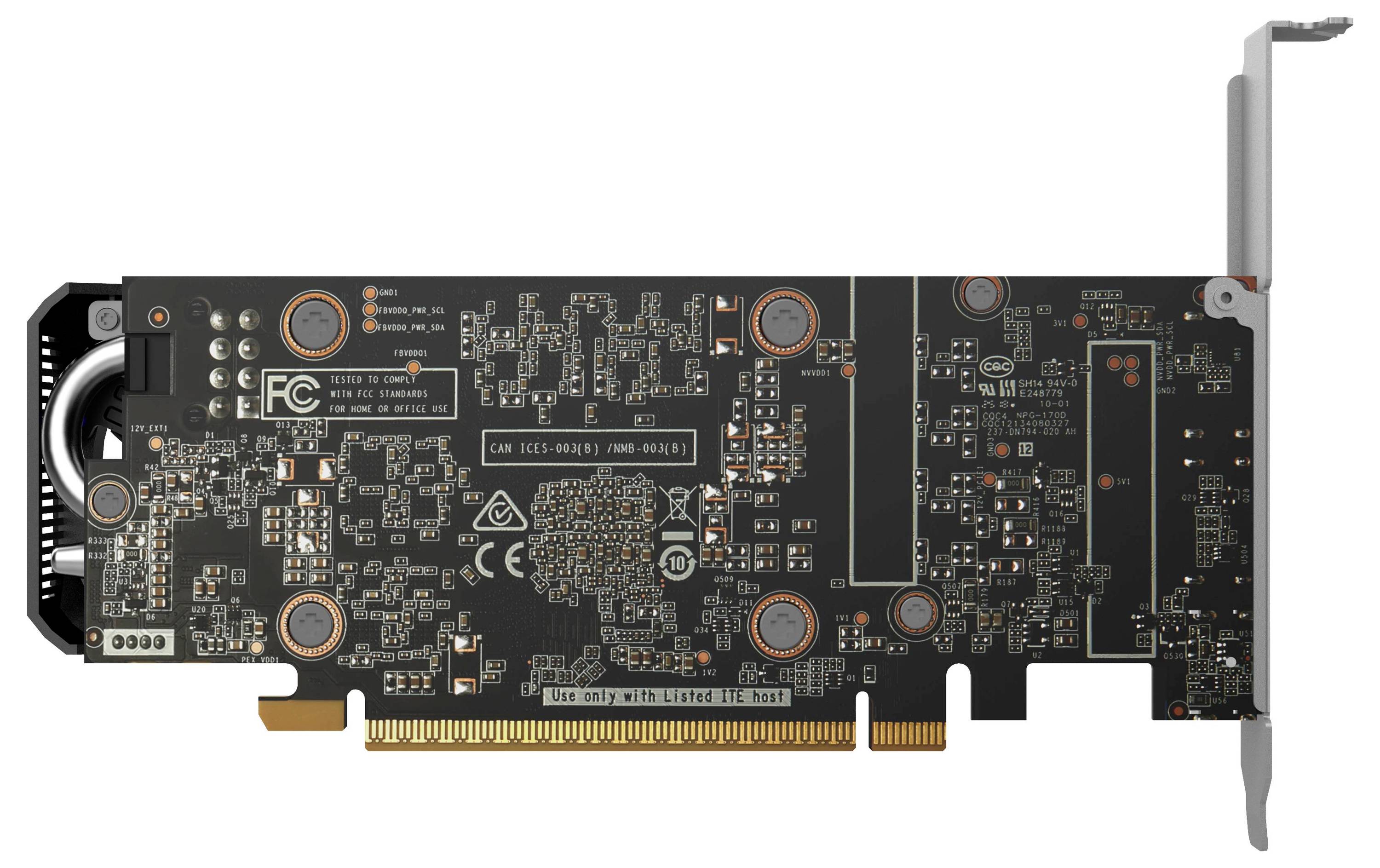 Eine Grafikkarte eines Computers, die die Leiterplatte mit verschiedenen elektronischen Komponenten, Anschlüssen und sichtbaren Herstellerkennzeichnungen zeigt.