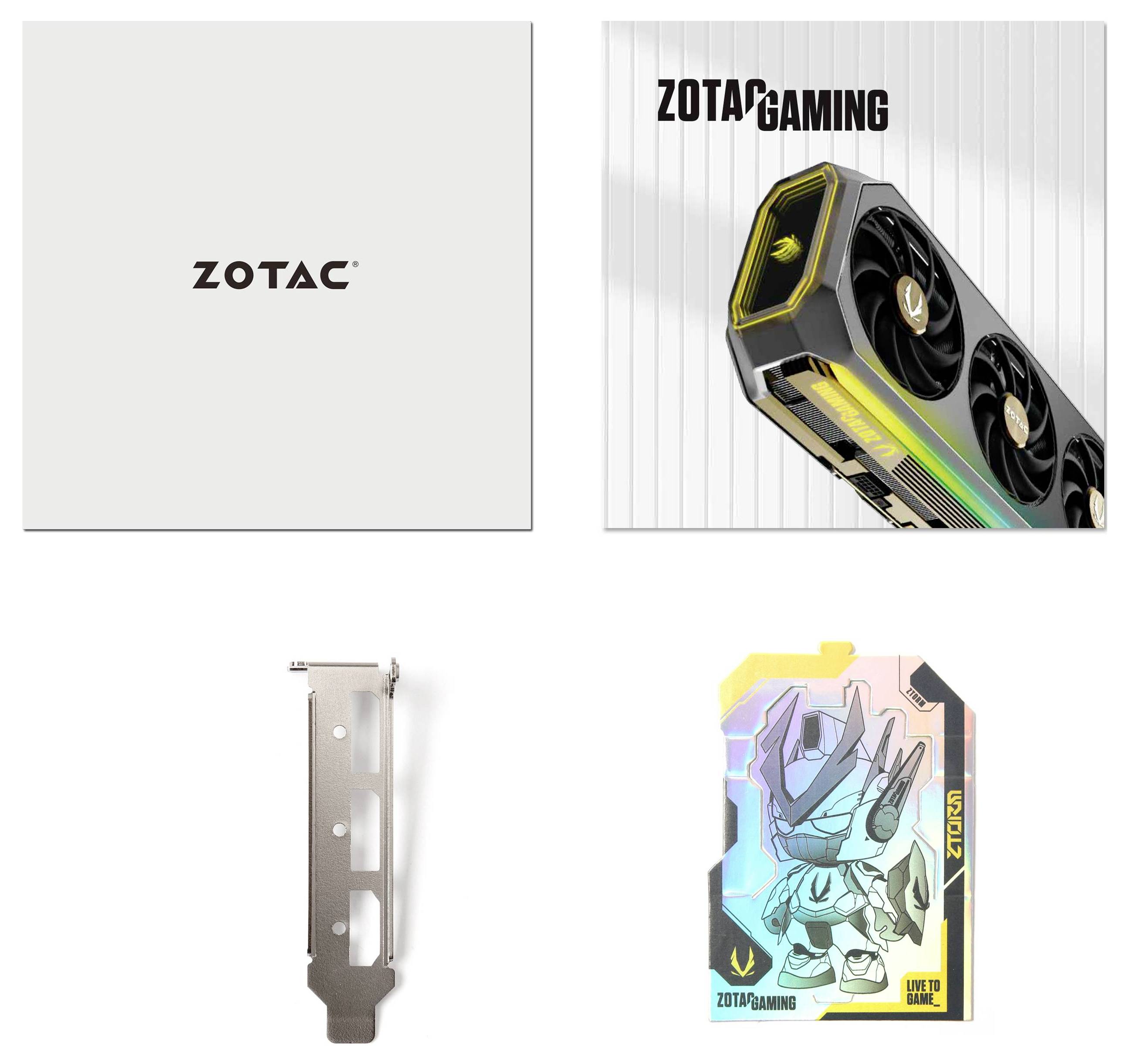 ZOTAC-Grafikkarten-Verpackung mit elegantem Design, einem Haltewinkel und einer farbenfrohen Karte mit Artwork und dem 'ZOTAC GAMING' Logo.