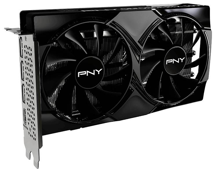 PNY-Grafikkarte mit zwei großen Lüftern zur Kühlung, entwickelt für die Installation in Computerhardware und Hochleistungsverarbeitung.