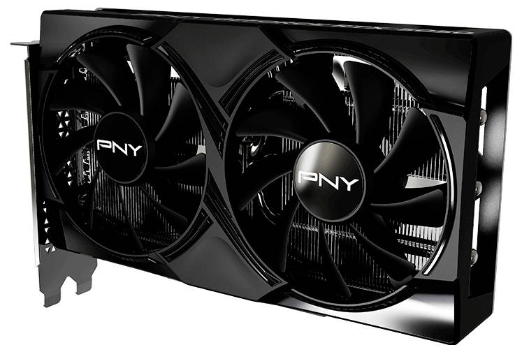 Eine schwarze Grafikkarte mit Dual-Lüftern und einem PNY-Logo auf jedem Lüfter. Entwickelt für Gaming oder High-Performance-Computing in Desktops.