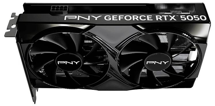 Eine PNY GeForce RTX 5050 Grafikkarte mit zwei Kühlventilatoren und einem eleganten schwarzen Design.