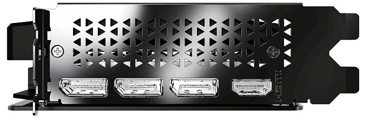 Rückseite einer Grafikkarte mit drei DisplayPort-Anschlüssen und einem HDMI-Anschluss, umgeben von einem gemusterten Metallgitter.