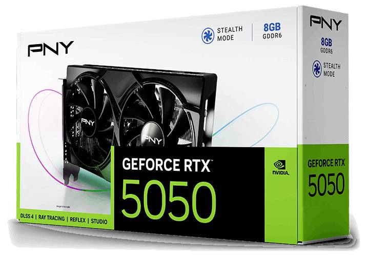 PNY GeForce RTX 5050 Grafikkarte Verpackung mit 8GB GDDR6, Funktionen wie Ray Tracing, DLSS 4 und Stealth-Modus.