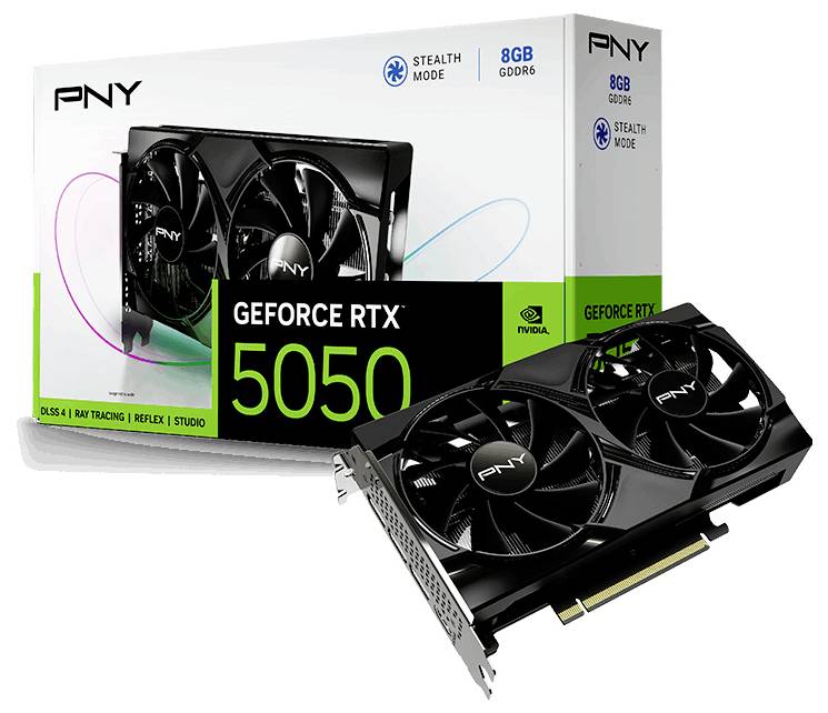 PNY GeForce RTX 5050 Grafikkarte mit drei Kühlventilatoren, präsentiert mit Produktverpackung mit der Aufschrift '8GB GDDR6, Stealth-Modus'.