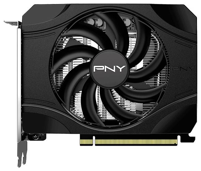 Eine schwarze PNY-Grafikkarte mit einem großen Kühlventilator und sichtbarer Schaltkreisstruktur, entwickelt zur Verbesserung der Grafikleistung des Computers.