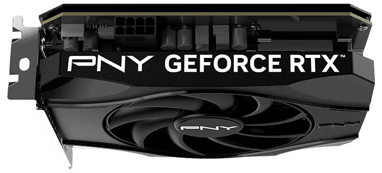 Grafikkarte mit Beschriftung 'PNY GeForce RTX' mit großem Kühlventilator, entwickelt für Gaming und High-Performance-Computing-Anwendungen.