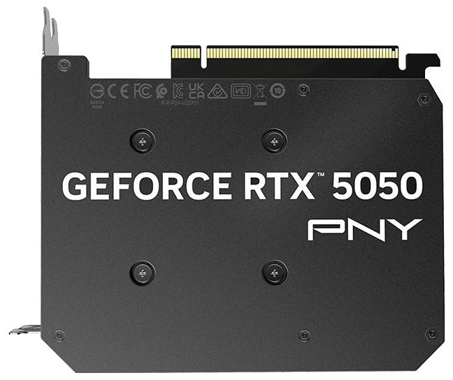 Eine schwarze PNY-Grafikkarte mit der Bezeichnung 'GeForce RTX 5050'.