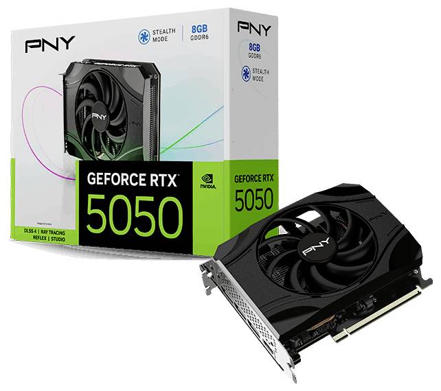 PNY GeForce RTX 5050 Grafikkarte mit 8 GB Arbeitsspeicher und 'Stealth Mode' Branding, präsentiert neben seiner Verpackung mit NVIDIA DLSS und Ray Tracing Etiketten.
