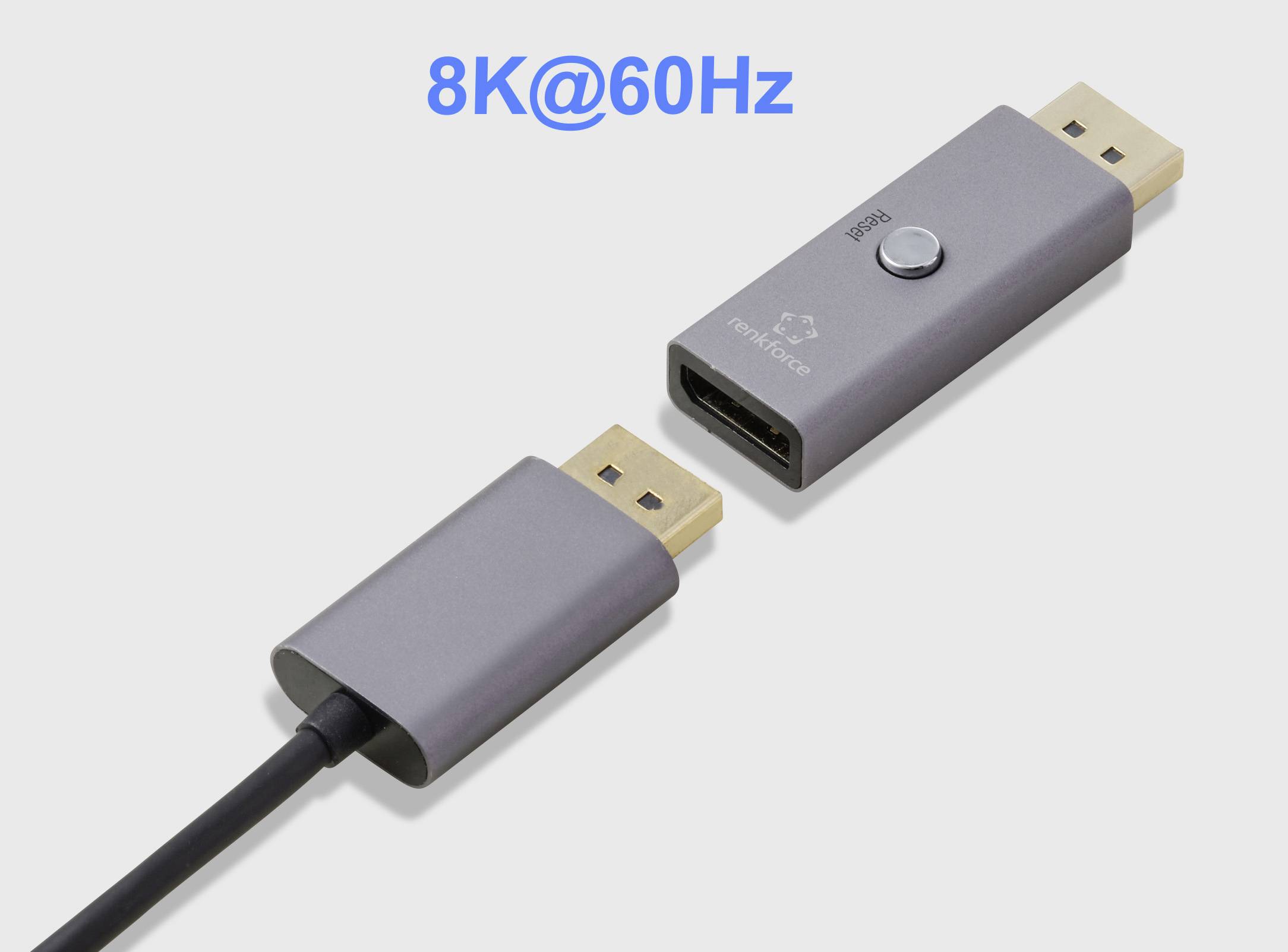 '8K@60Hz' über einem Bild von zwei HDMI-Anschlüssen, wobei einer ein Logo und einen Knopf zeigt.
