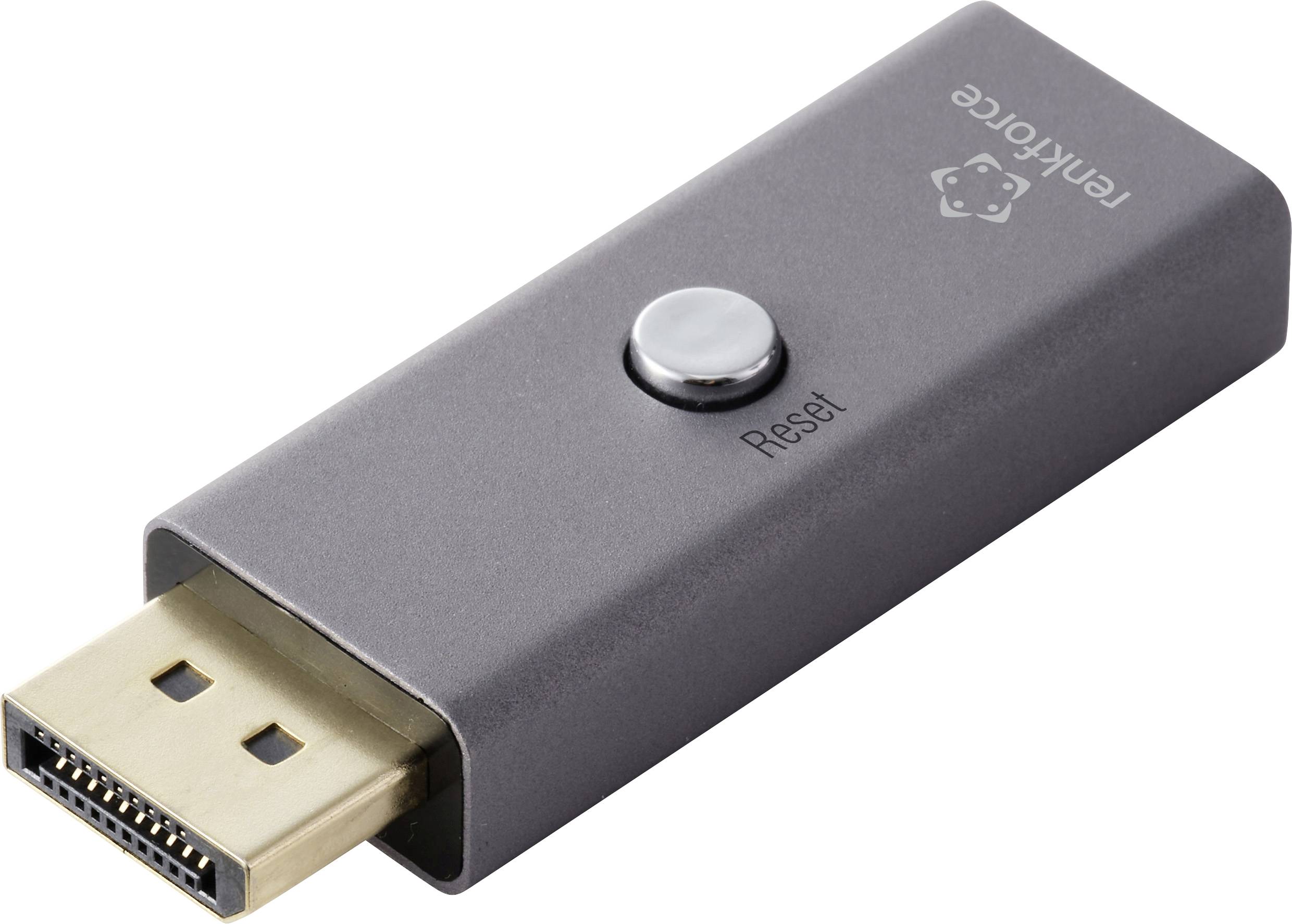 Ein rechteckiges elektronisches Gerät mit einem 'Reset'-Knopf, ausgestattet mit einem DisplayPort-Anschluss.