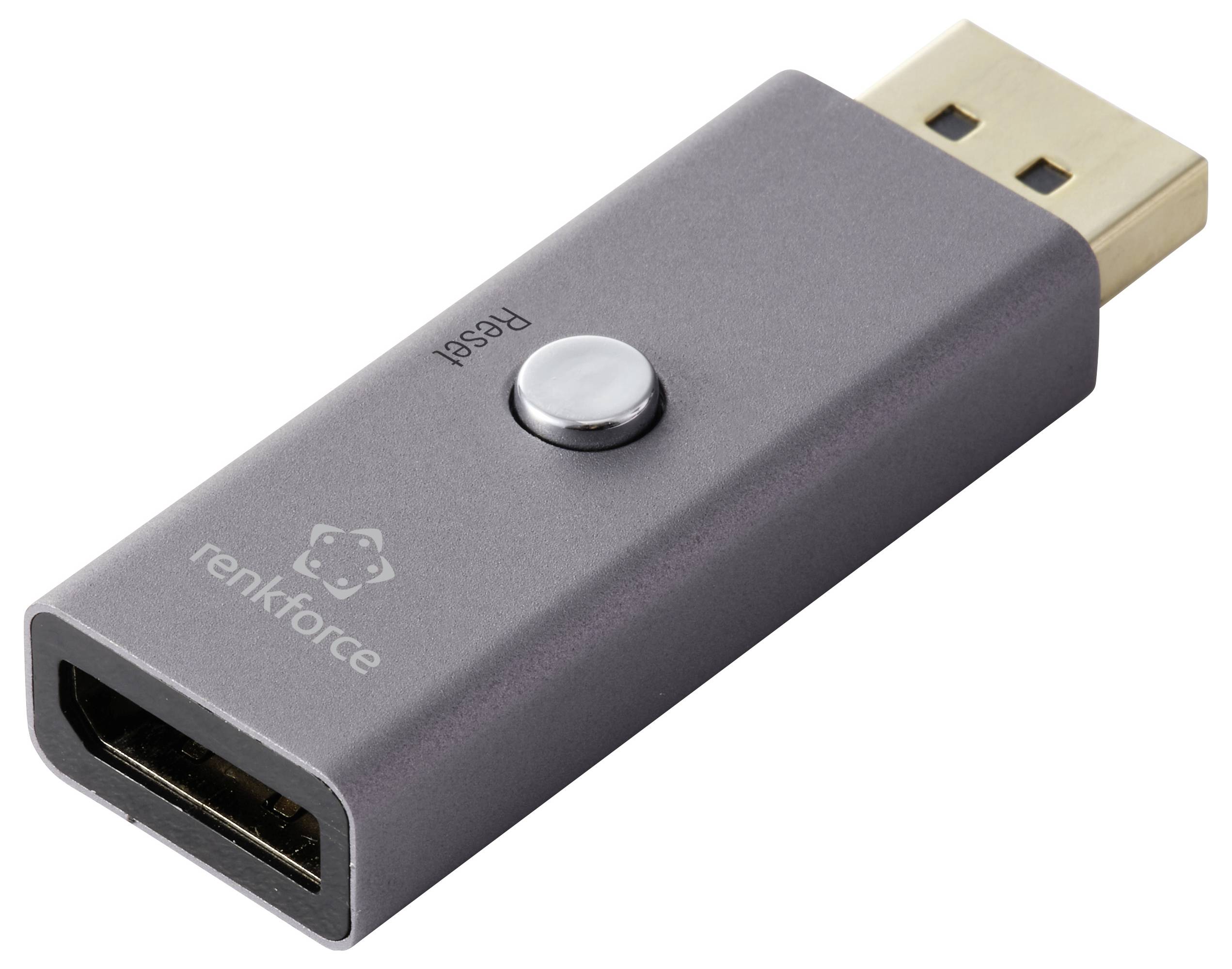 USB-HDMI-Dongle mit 'renkforce' Logo, ausgestattet mit einem Resetknopf. Er ist metallfarbig und rechteckig und dient zum Anschluss von HDMI-Geräten.