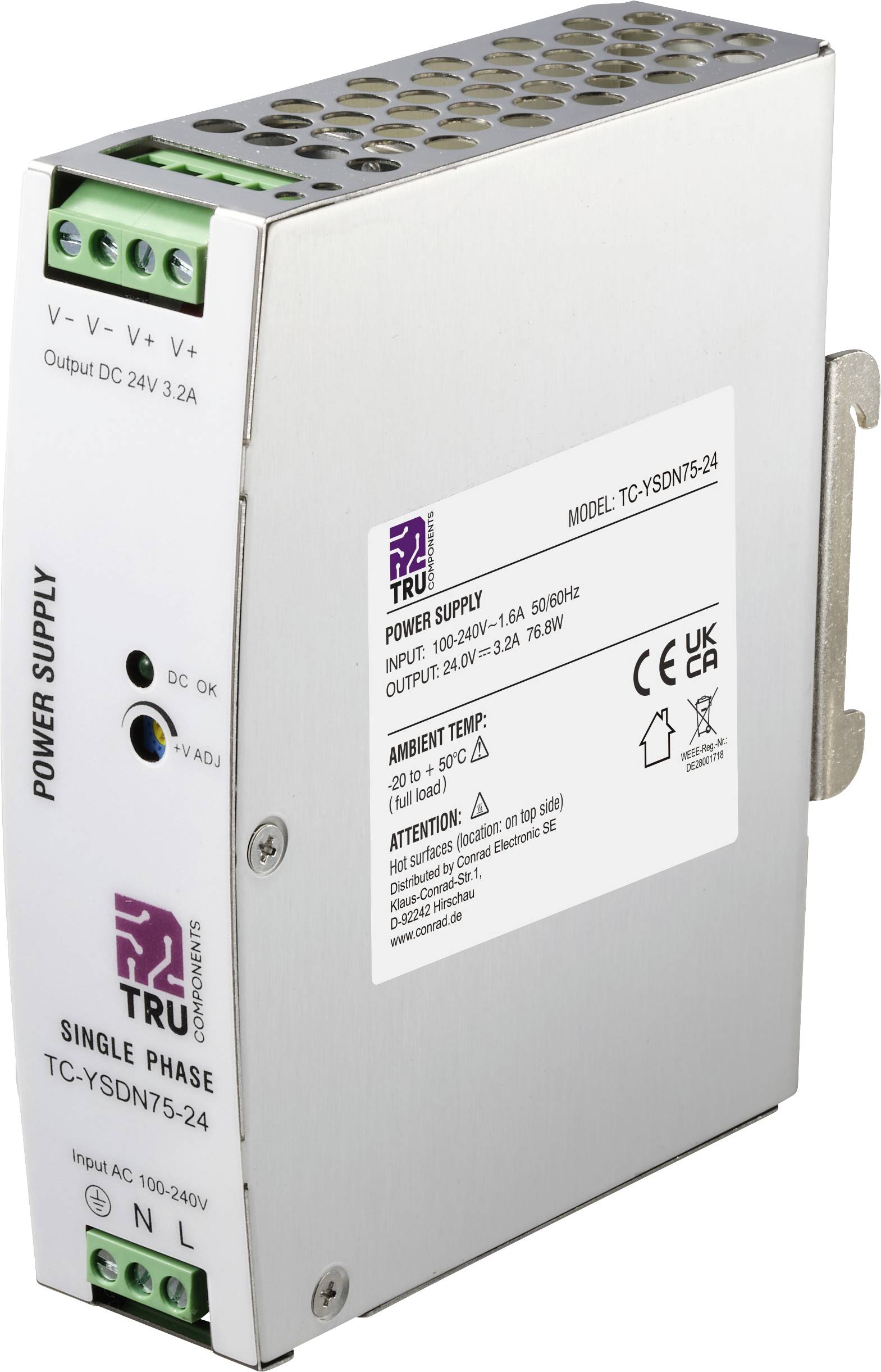 Hutschienen-Stromversorgungsgerät mit grünen Anschllussklemmen und beschrifteter Frontblende, in Seitenansicht für industrielle Elektroinstallation dargestellt.