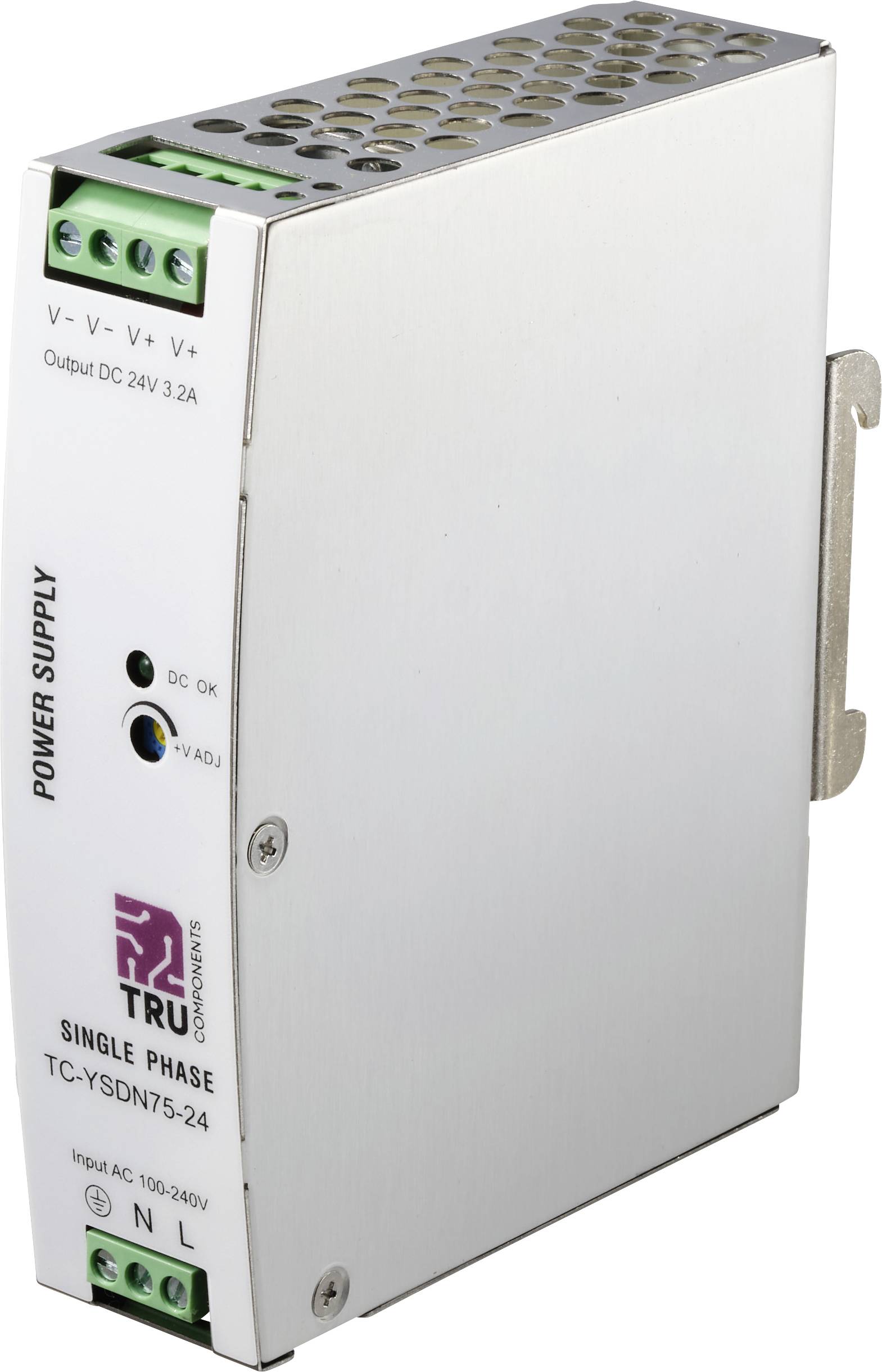 Einphasige Stromversorgungseinheit der Marke 'TRU Components', Modell TC-YSDN75-24. Eingang 100-240V, Ausgang DC 24V, 3,2A.