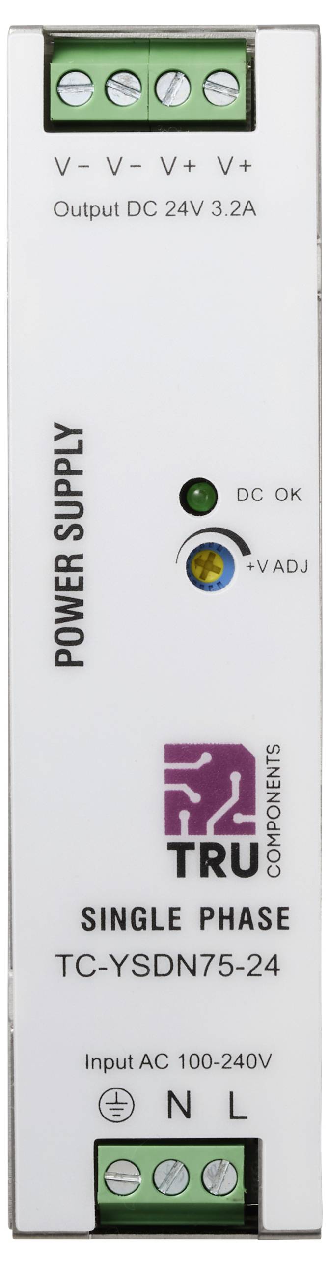 TRU Components Einphasen-Netzteil TC-YSDN75-24, Eingang AC 100-240V, Ausgang DC 24V 3,2A, mit DC OK und V ADJ Anzeigen.