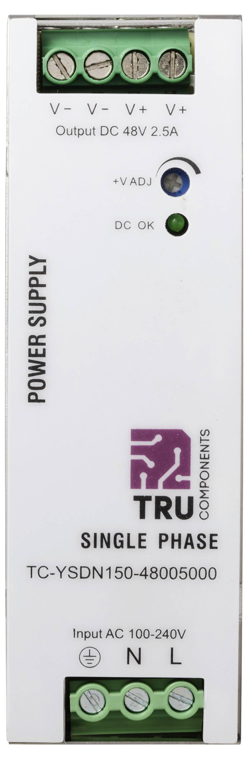 TRU Components Einphasen-Netzteil, Modell TC-YSDN150-48005000, Eingangsspannung AC 100-240V, Ausgangsspannung DC 48V 2,5A, mit Statusanzeigen.