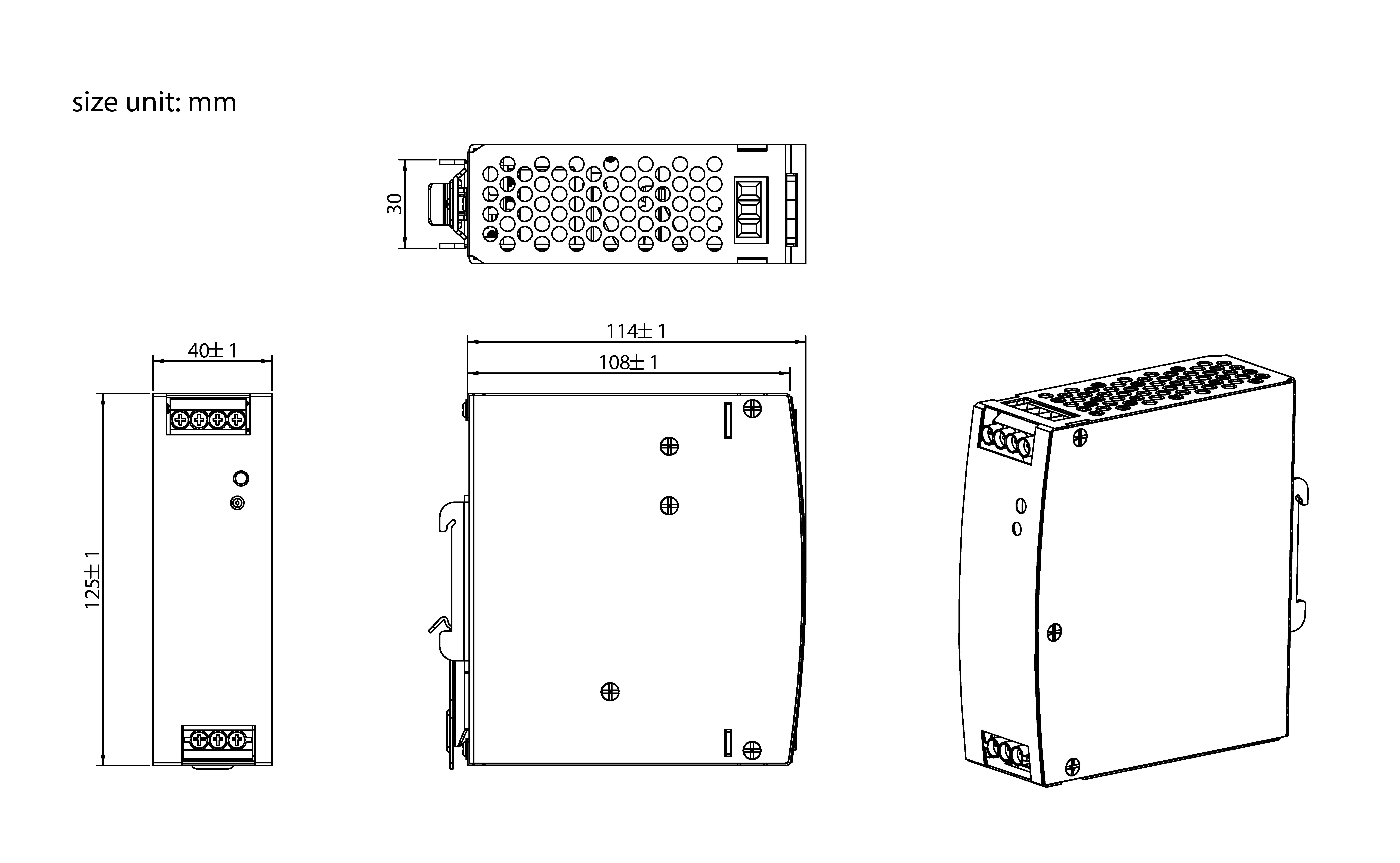 Technische Zeichnung einer elektronischen Komponente mit Vorder-, Seiten- und Draufsicht mit Abmessungen: 114x128x30mm. Größeneinheit: mm.