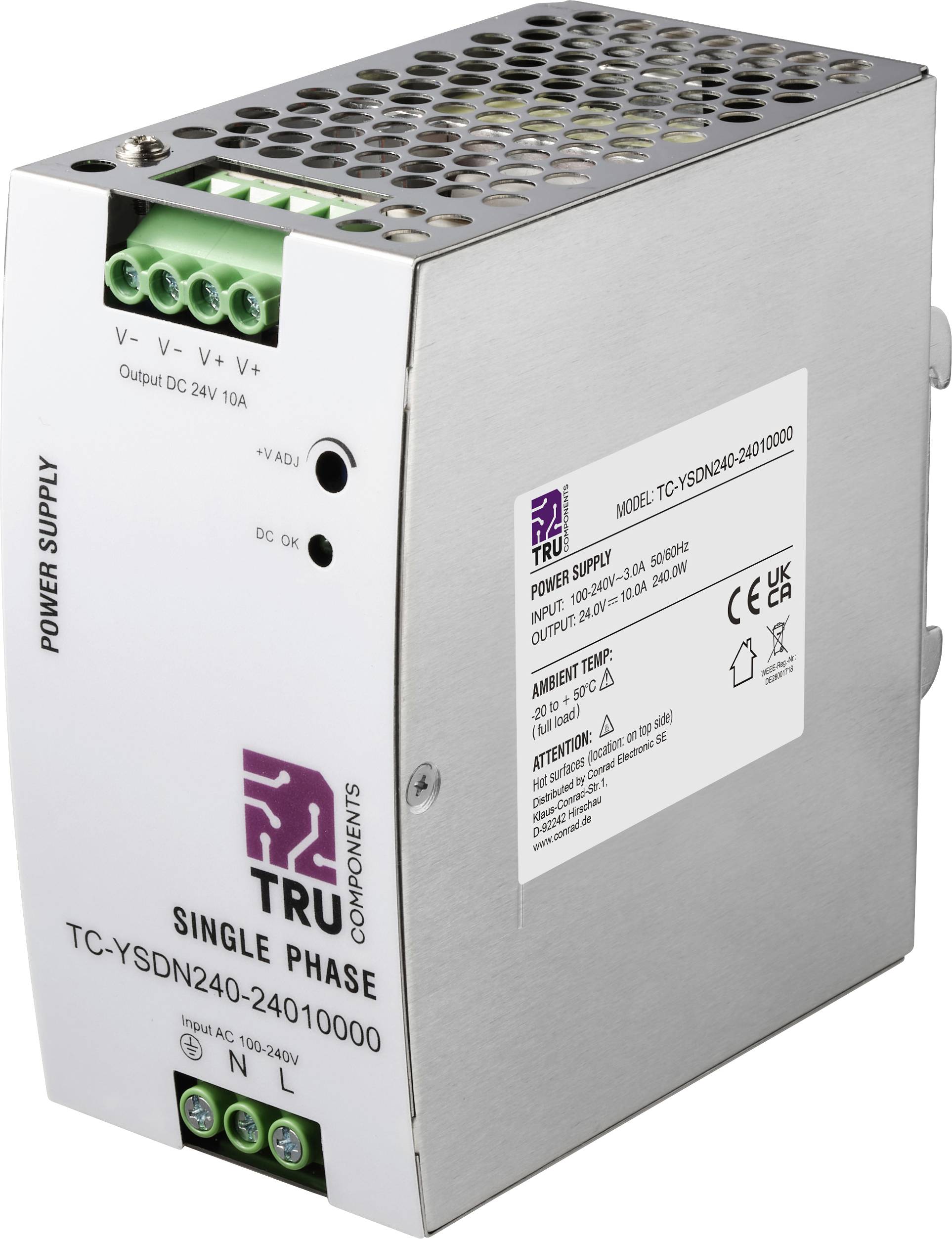 Metall-DIN-Schienen-Stromversorgungseinheit mit grünen Anschlussleisten und Lüftungsöffnungen, bezeichnet als TRU Components Einphasen TC-YSDN240-24010000, 24V DC 10A Ausgang.