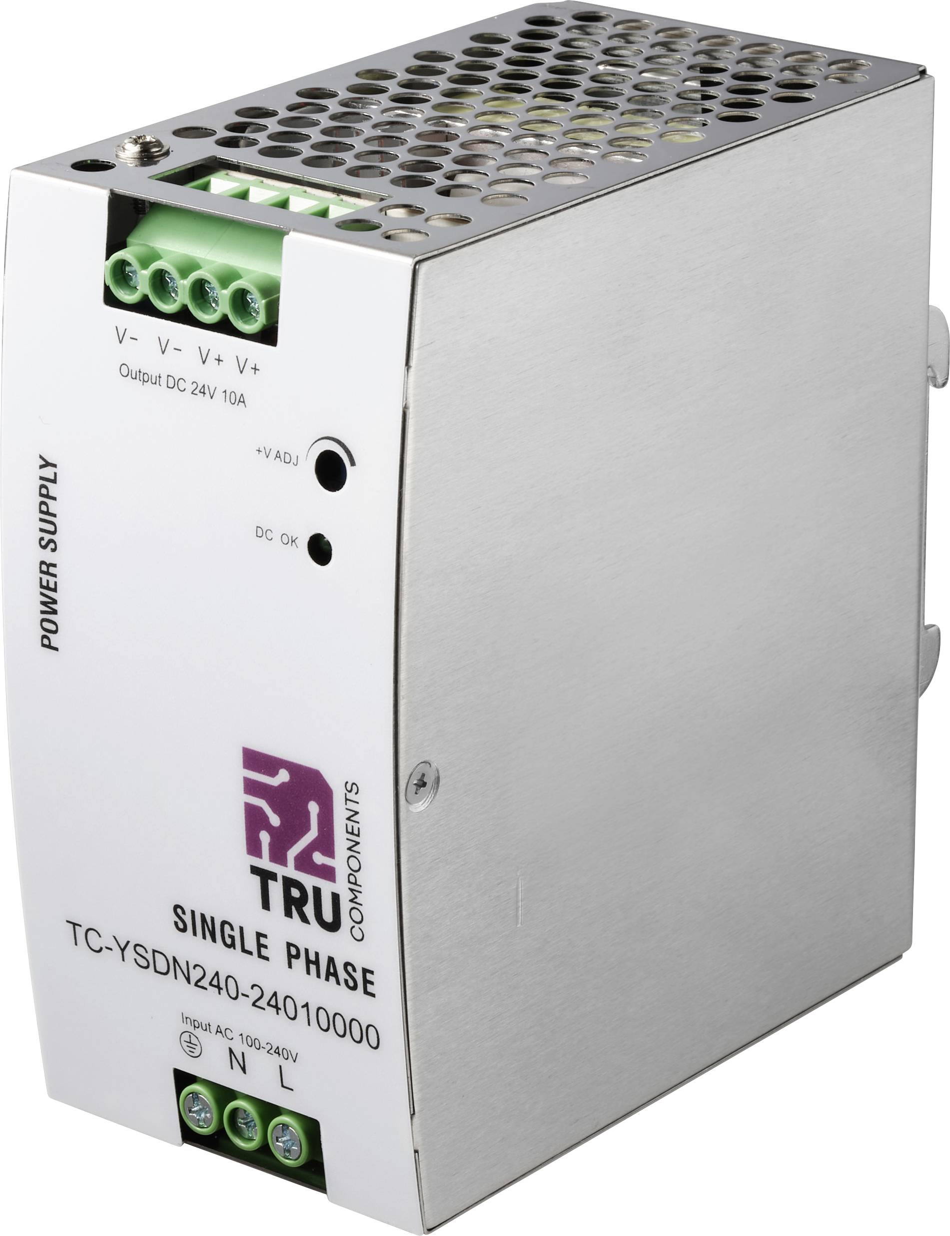 Einphasige Stromversorgungseinheit mit Metallgehäuse, beschriftet mit 'TRU Components'. Ausgang: DC 24V, 10A. Ausgestattet mit Anschlussklemmen und Kontrollleuchten.