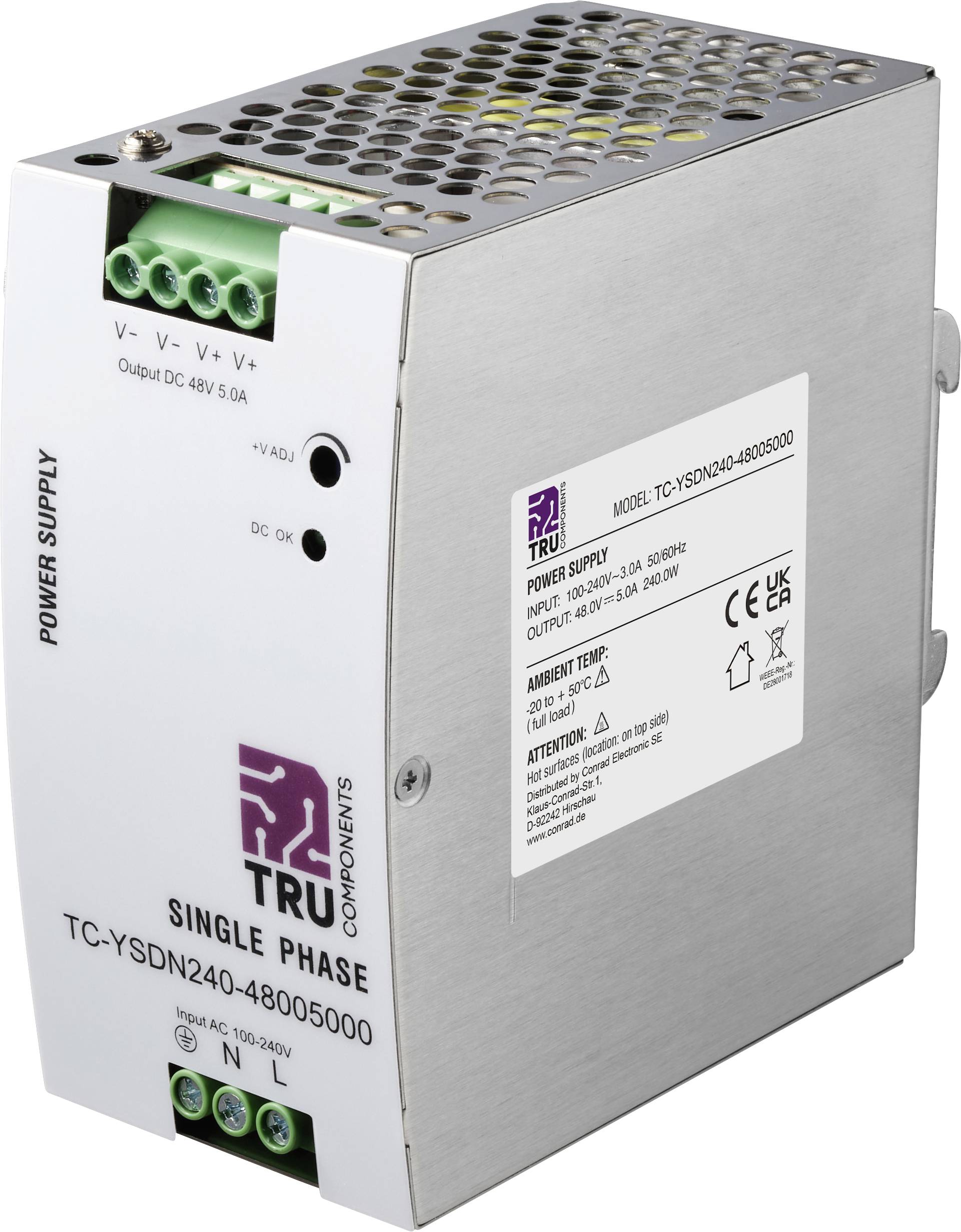 Industrie-Stromversorgungseinheit aus Metall mit Belüftungslöchern, grünen Anschlussklemmen und Beschriftungen für einphasigen Ausgang DC 48V 5A.