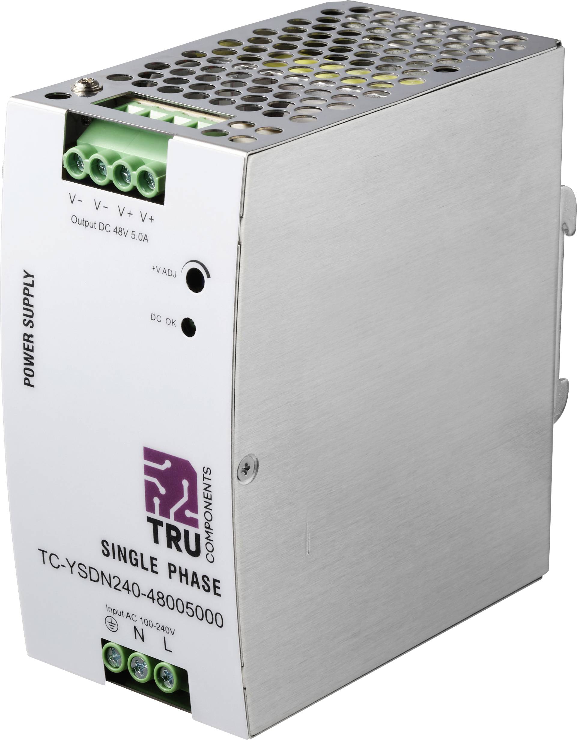 Netzteil gekennzeichnet als 'TRU Components Einphasig', Modell TC-YSDN240-48005000. Ausgangsspannung 48V, 5A. Eingangsspannung AC 100-240V.