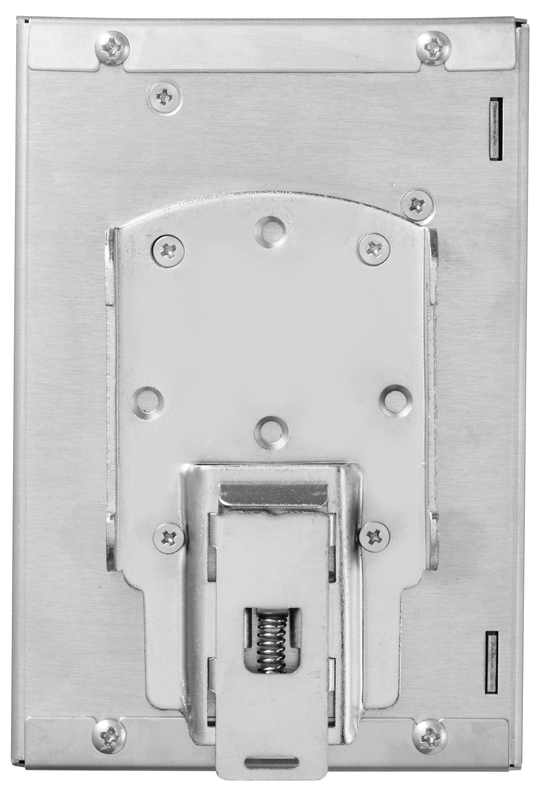 Ein Metallbefestigungshalter mit mehreren Schrauben und einem zentralen Verschließmechanismus. Er scheint geeignet zu sein, um Geräte oder Hardware zu befestigen.
