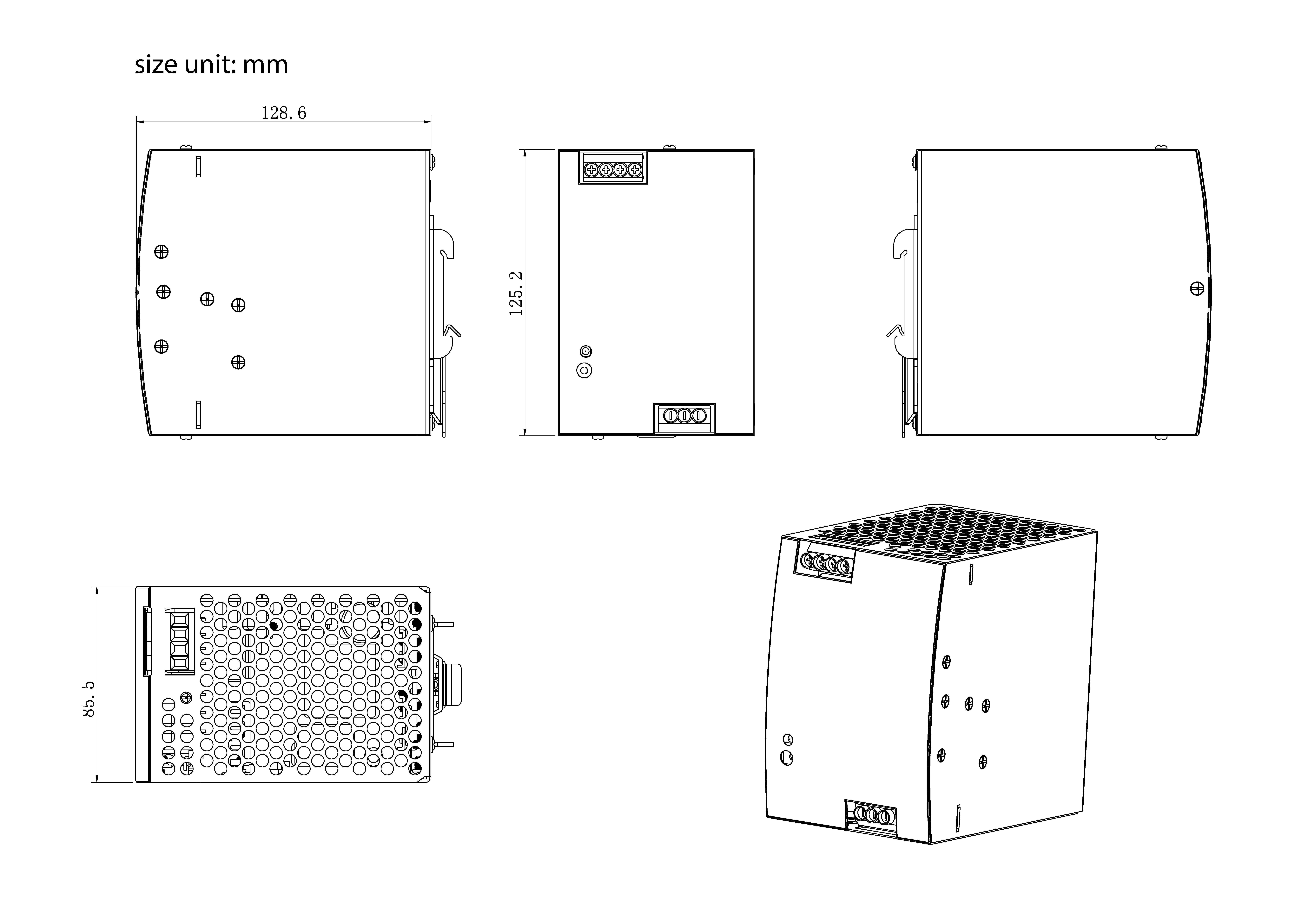 Technische Zeichnung eines elektronischen Geräts aus verschiedenen Perspektiven, mit Darstellung von Abmessungen und Designdetails. Abmessungen in Millimetern beschriftet.