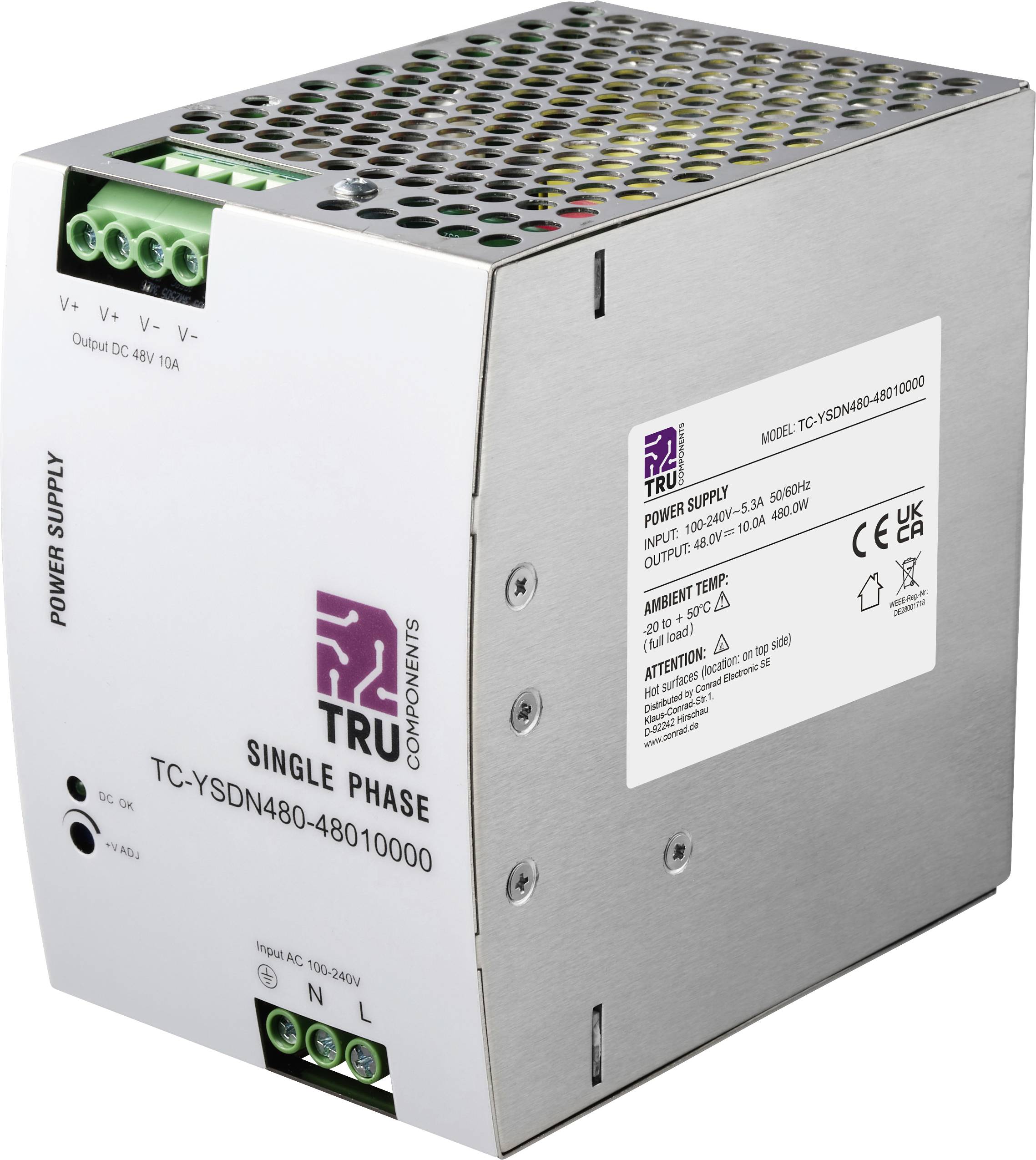 Metallisches, geschlossenes Einphasen-TRU Components Netzteil mit Belüftungslöchern und Klemmleisten, gekennzeichnet mit 48V DC-Ausgang und 100-240V AC-Eingang.