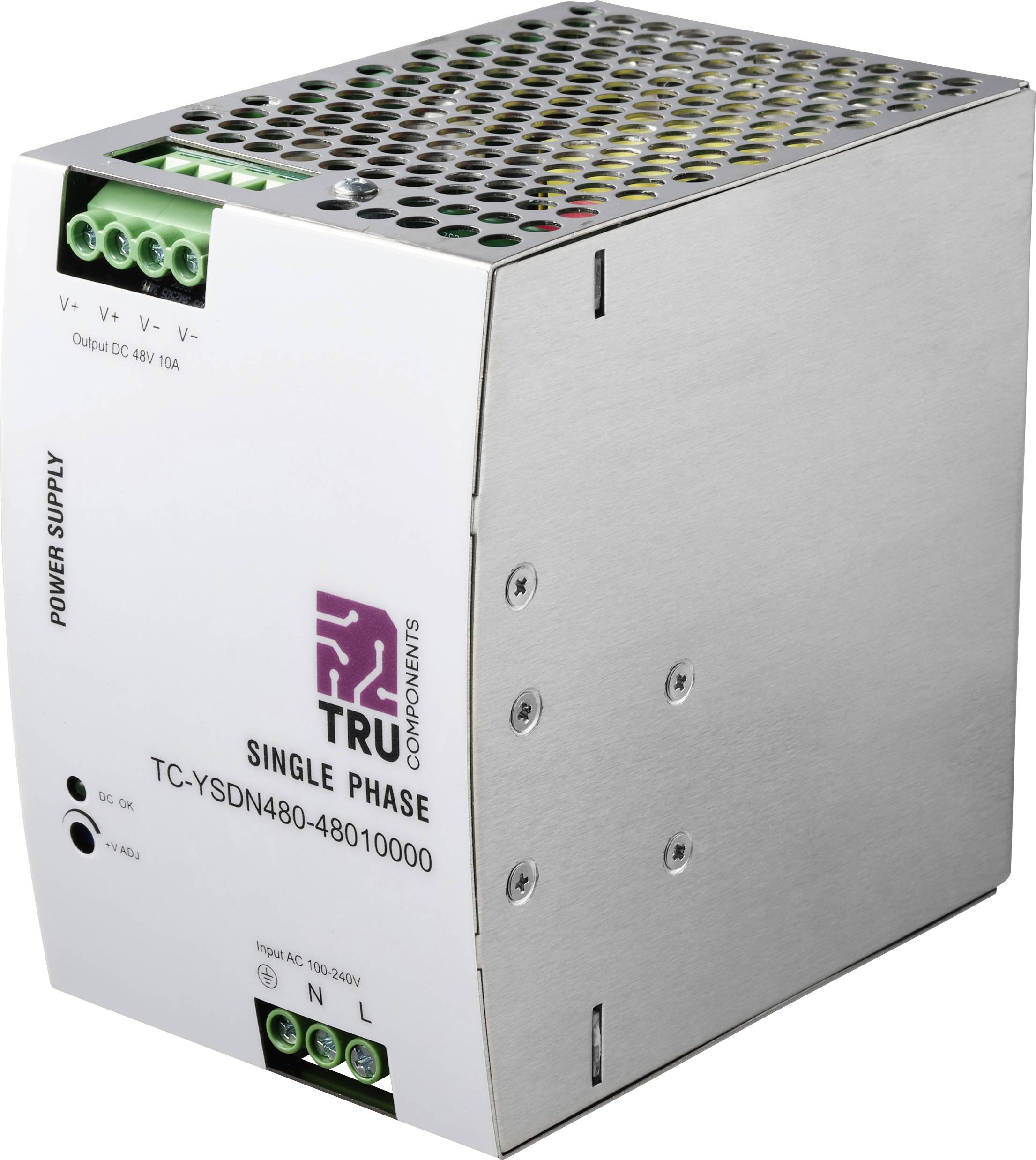 Ein rechteckiges, metallisches Einphasen-Netzteil mit der Modellnummer 'TC-YSDN480-48010000' von TRU Components, das Eingangs-/Ausgangsspezifikationen zeigt.