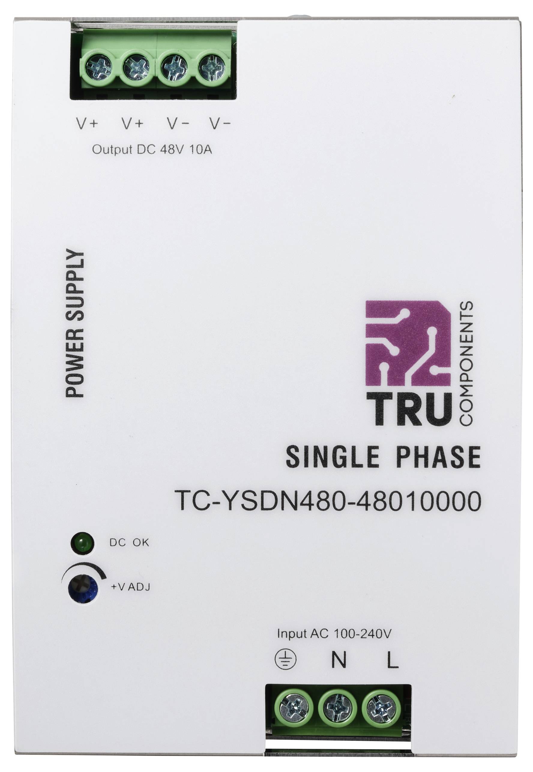 Eine einphasige Stromversorgung von Tru Components, Modell TC-YSDN480-48010000, mit Eingangsspannung AC 100-240V und Ausgangsspannung DC 48V 10A.