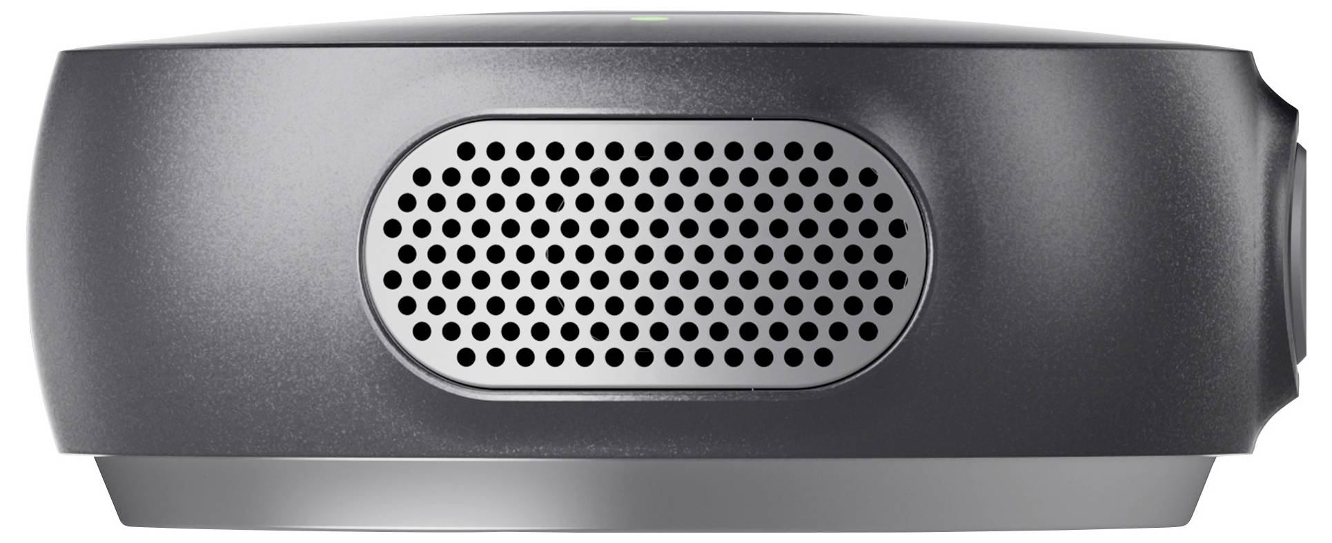 Eine Nahaufnahme eines schwarzen elektronischen Geräts mit einem gelochten Gitter an seiner Seite, was auf einen Lautsprecher oder einen Belüftungsbereich hindeutet.