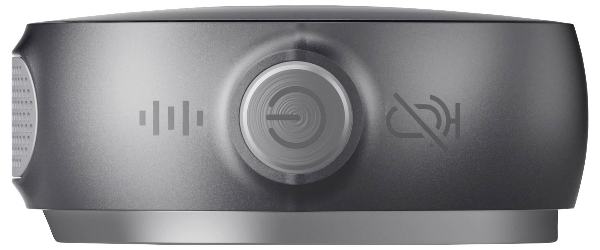Eine Nahaufnahme eines eleganten, silbernen Geräts mit einem kreisförmigen Drehknopf, Lautsprechermuster und Symbolen für Lautstärke und Stummschaltung, was auf Audiokontrollfunktionalität hindeutet.