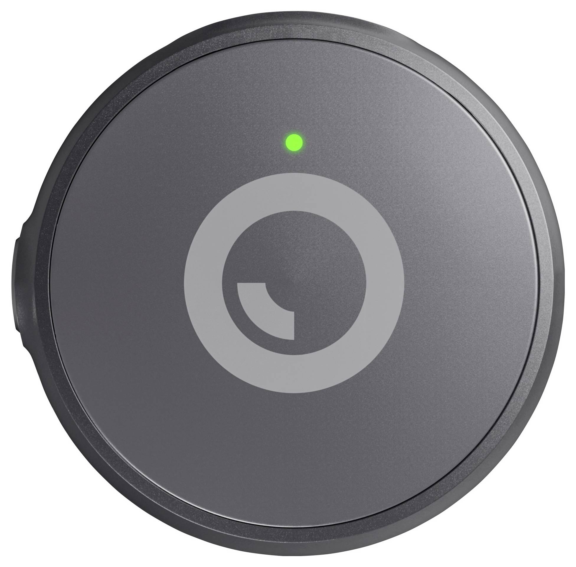 Ein kreisförmiges graues elektronisches Gerät mit einem Knopf und einer kleinen grünen Kontrollleuchte oben, das einem intelligenten Schloss ähnelt.
