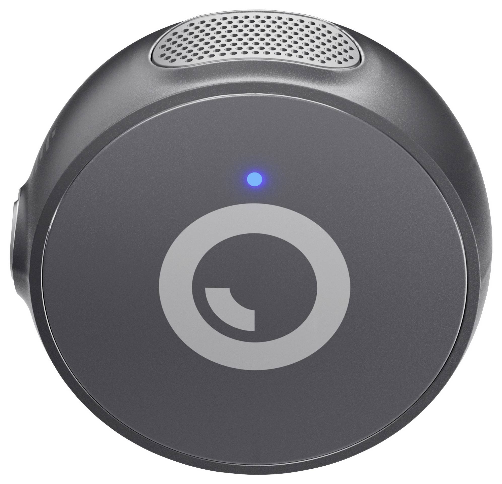 Ein runder schwarzer elektronischer Apparat mit einem leuchtend blauen Indikator oben, ausgestattet mit einem metallischen Lautsprechergitter.