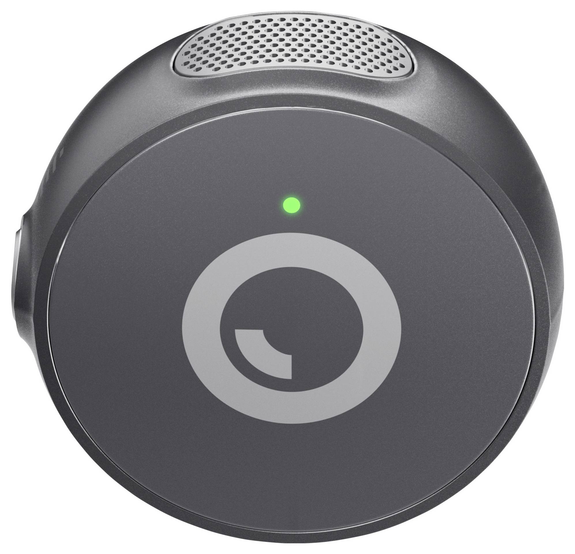 Ein rundes, graues elektronisches Gerät mit einer kreisförmigen Designfläche auf der Vorderseite und einer kleinen grünen Leuchtanzeige.