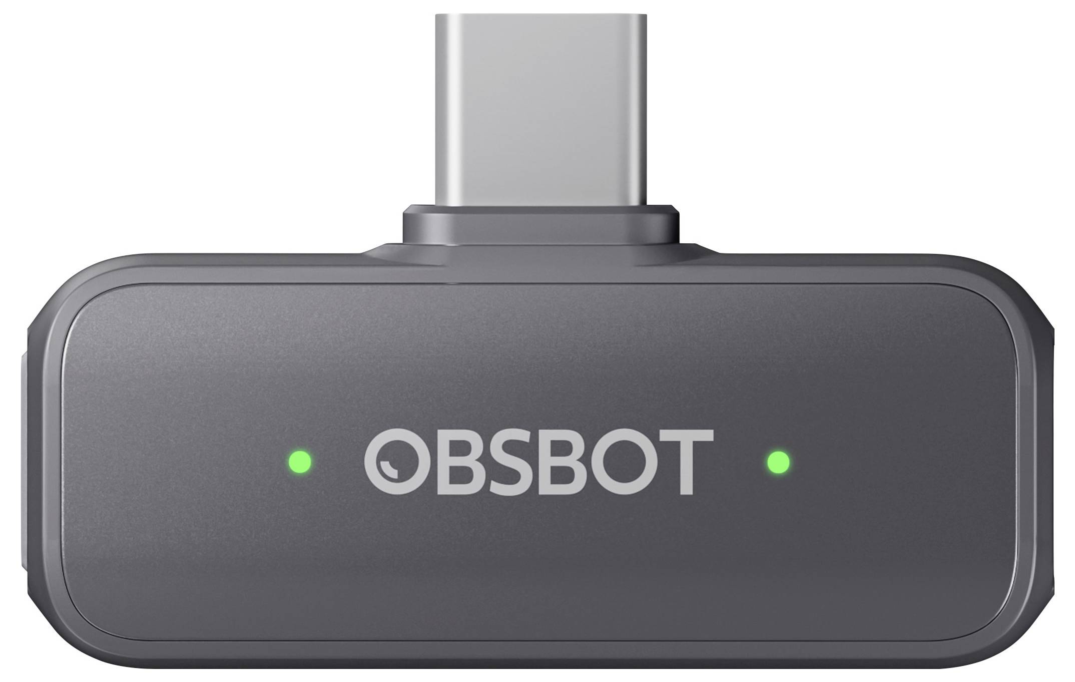 Ein kleines schwarzes Gerät mit der Aufschrift 'OBSBOT' auf der Vorderseite, ausgestattet mit zwei grünen Anzeigelichtern und einem USB-Anschluss auf der Oberseite.