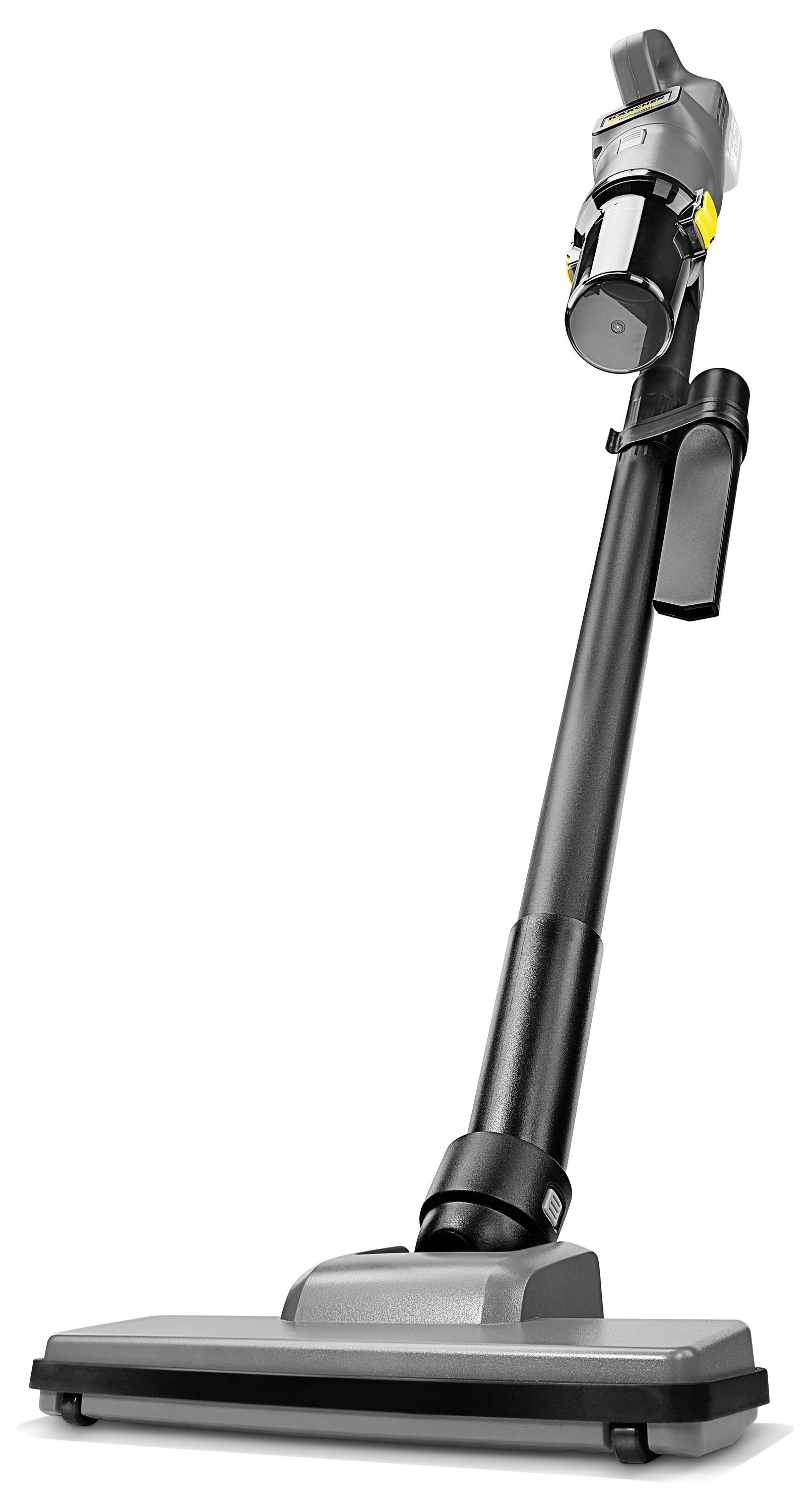 Ein schlankes, modernes Staubsauger mit schwarz-grauem Design, ausgestattet mit einem aufrechten Stiel und einer kompakten Motoreinheit an der Spitze.