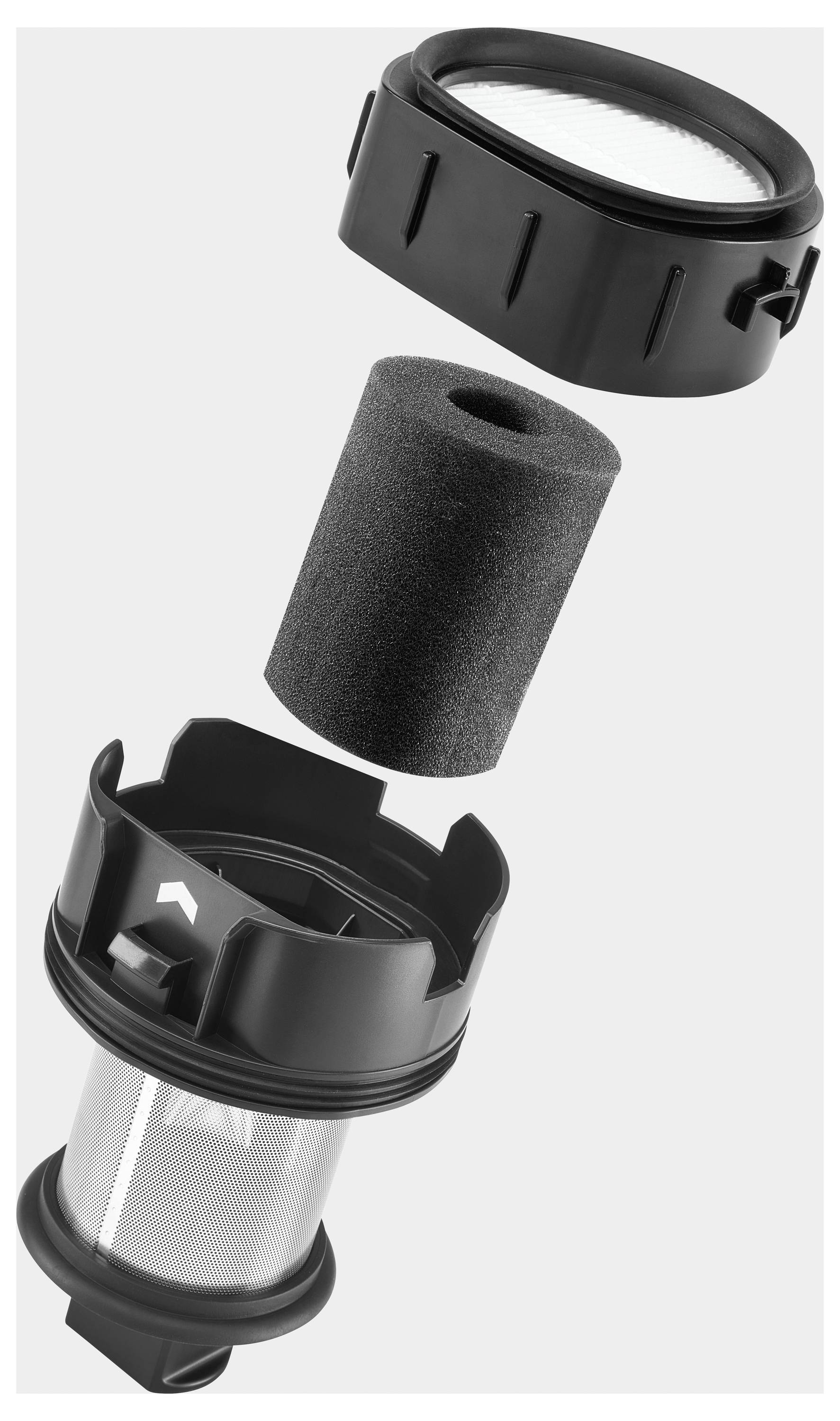 Explosionszeichnung einer Filtereinheit mit drei Komponenten: einer Deckelkappe, einem zylindrischen Schaumfilter und einem Unterteil mit Siebgewebe.