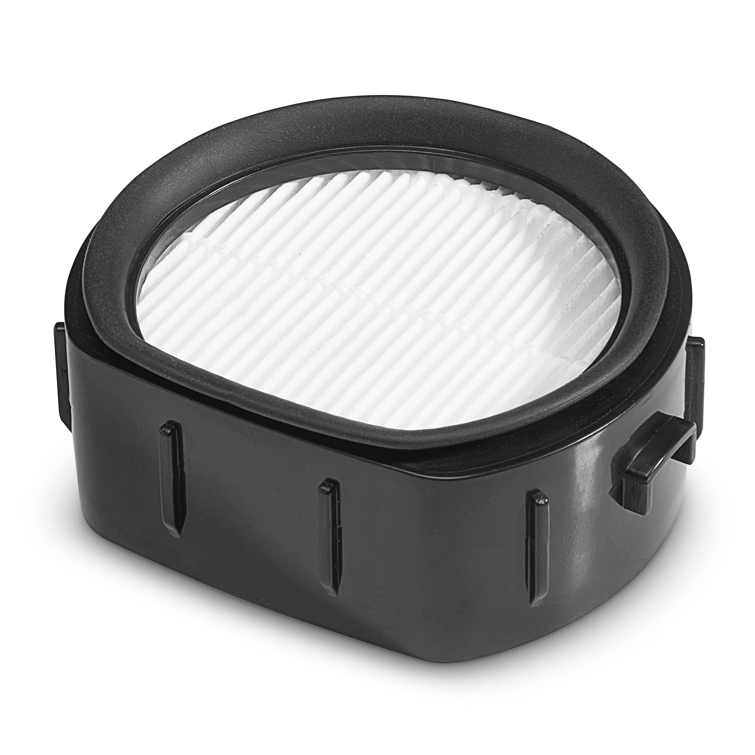 Ein ovales Luftfilter mit einem schwarzen Kunststoffrahmen und dünnen weißen Falten, konzipiert für mögliche Verwendung in einem Belüftungs- oder Absaugsystem.