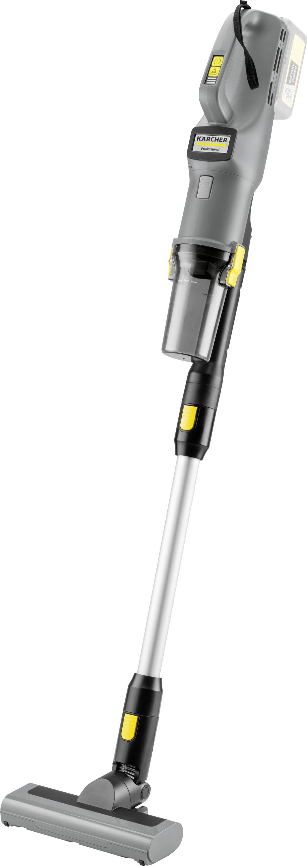 Ein schlanker, grauer kabelloser Staubsauger mit gelben Akzenten, ausgestattet mit einem langen Griff und entwickelt für effizientes Bodenreinigen.
