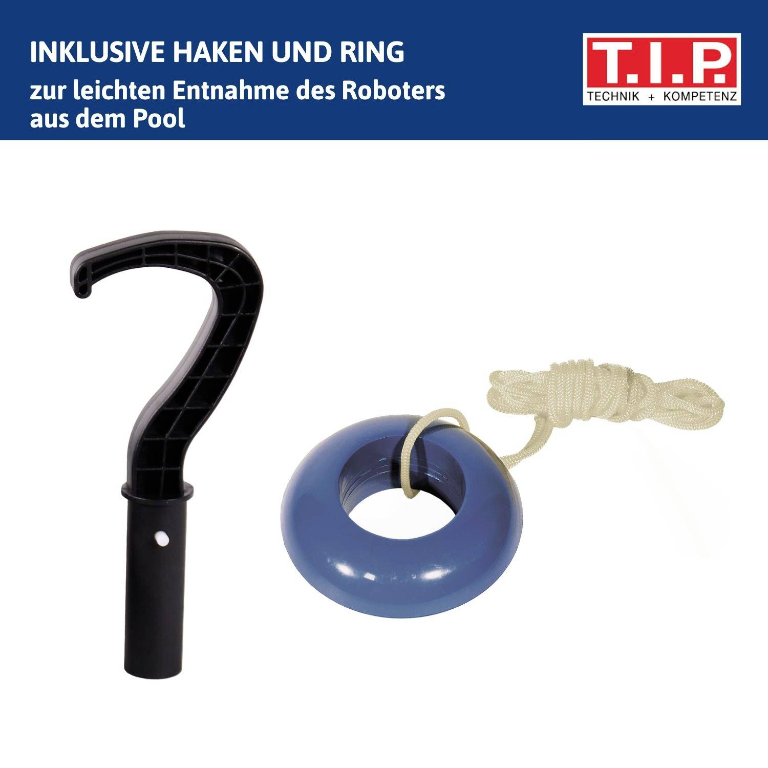 Ein Haken- und Ringwerkzeug-Set zur einfachen Entfernung eines Poolroboters, dargestellt mit einem blauen Ring, einem schwarzen Griff und einem beigen Seil.