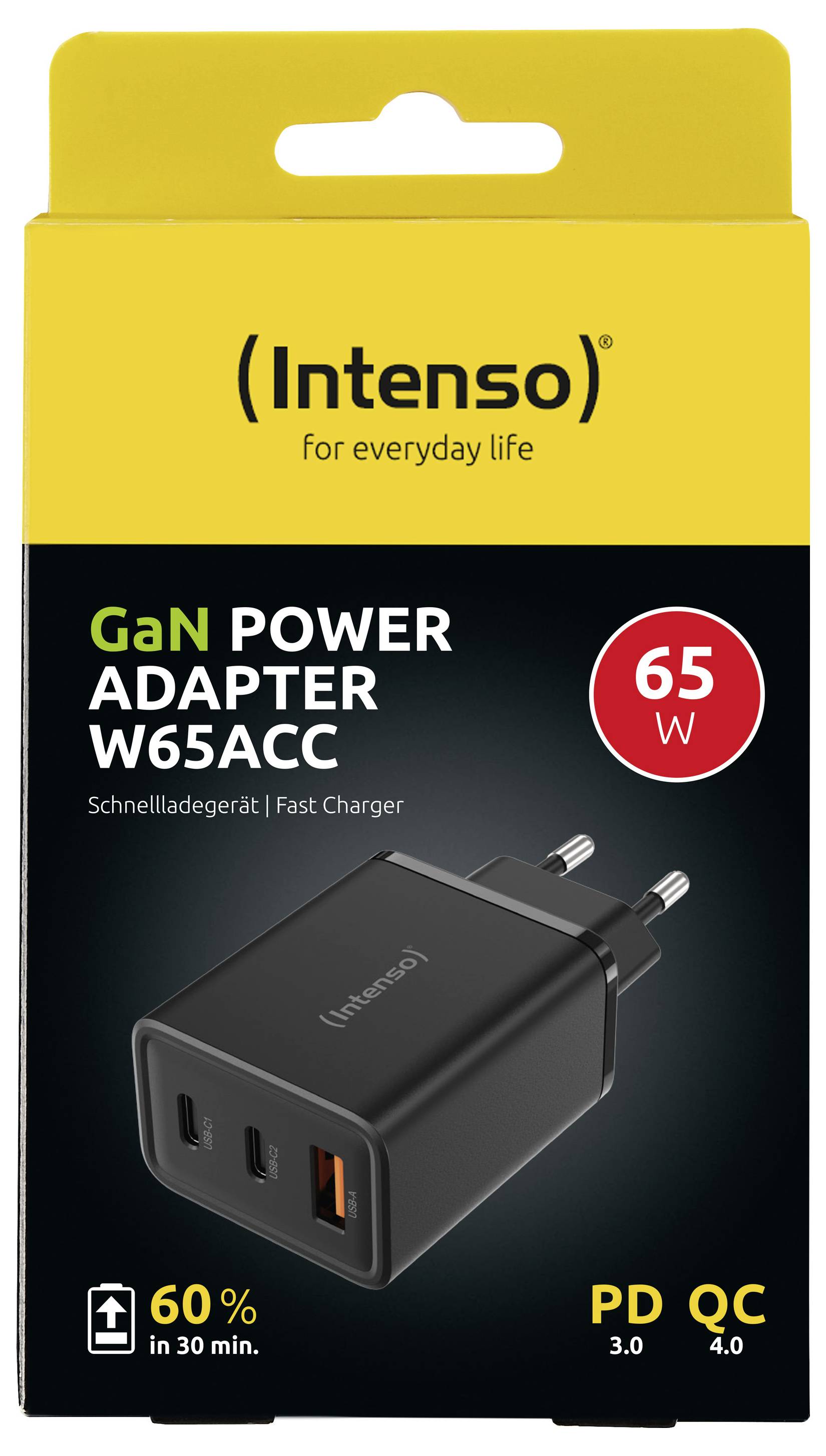 Intenso W65ACC GaN schwarz USB Ladegerät 65W 1x USB-A, 2x USB-C® Schwarz Innenbereich GaN, USB Power Delivery (USB-PD)