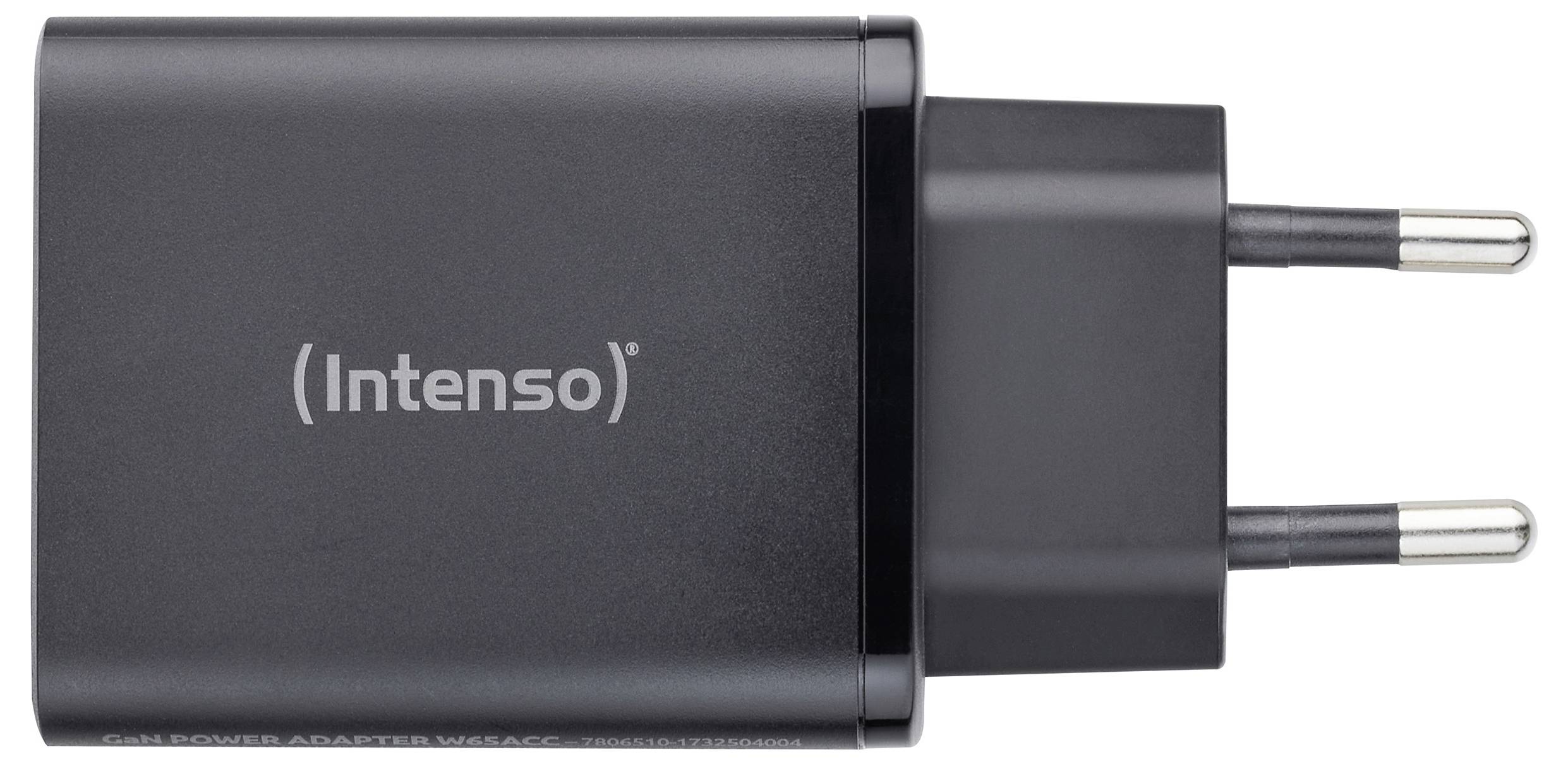 Ein schwarzer Intenso USB-Wandladegerät mit zweipinnigem Euro-Stecker, entwickelt zum Aufladen elektronischer Geräte, vor einem weißen Hintergrund abgebildet.